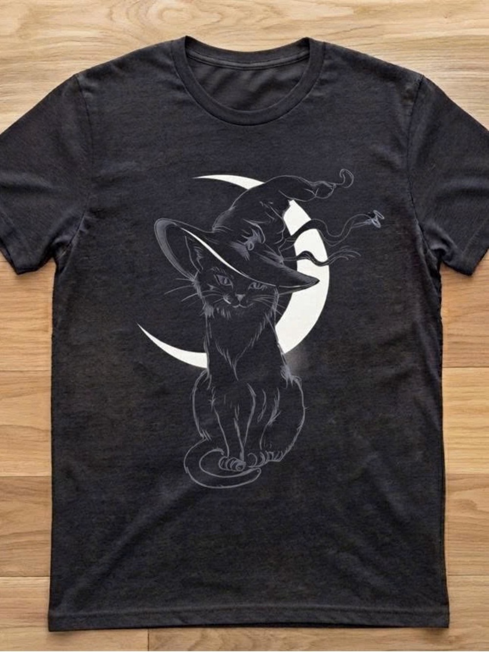 Black Tee with White Moon & Cat Witch Graphic